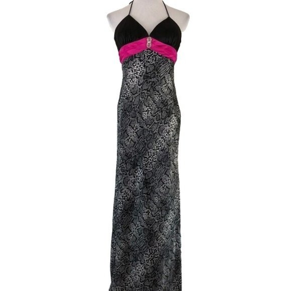Blondie Nites Satin Evening Halter Dress V Neck Open Back Size 11 Animal Print - Picture 1 of 8